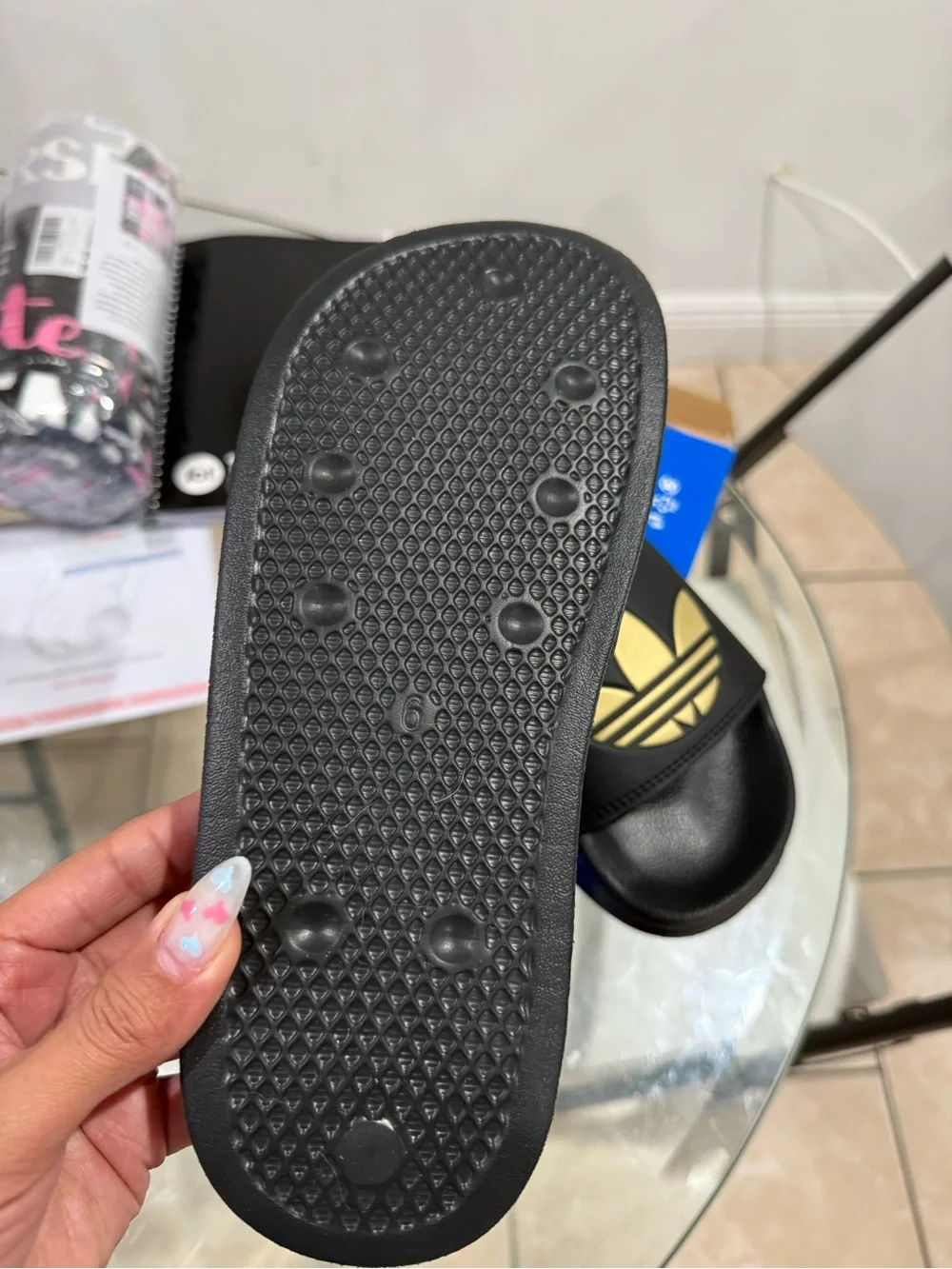 adidas Black Slides with Gold Trefoil